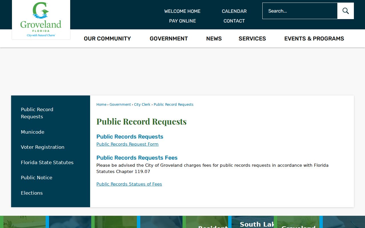 Groveland public records policy page explaining the city request process